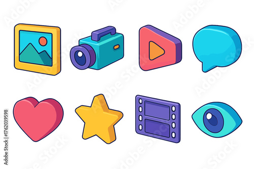 Visual Storytelling flat isometric set: photo frame, video camera, play button, speech bubble, heart, star, film strip, eye.