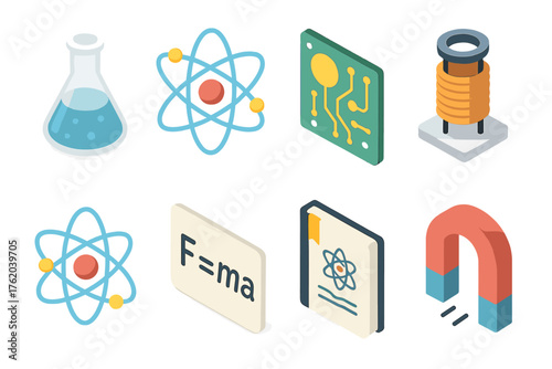 Scientific Magnetosphere set icons in modern isometric flat vector style: lab flask, atom, circuit board, magnetic coil, electron orbit, physics formula, experiment notebook,