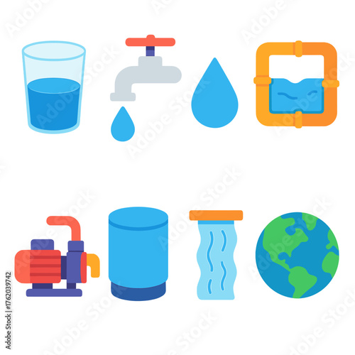 Water Access flat isometric set: glass, faucet, droplet, pipe system, pump, tank, water stream, globe.