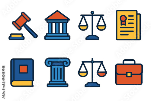 Legal Justice flat icons: gavel, courthouse, scales, document, law book, column, balance, briefcase.