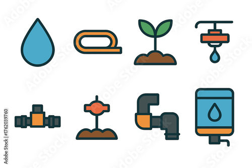 Drip Systems flat icons: droplet, tubing, plant, soil, emitter, hose, connector, water tank.