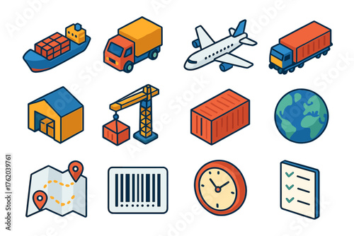 Global Logistics Set flat isometric set: cargo ship, delivery truck, airplane, freight train, warehouse, crane, container, globe, route map, barcode, clock, checklist.