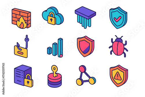 Network Protection Suite flat isometric set: firewall, cloud lock, data stream, antivirus shield, phishing hook, connection signal, VPN icon, malware bug, secure server, encryption