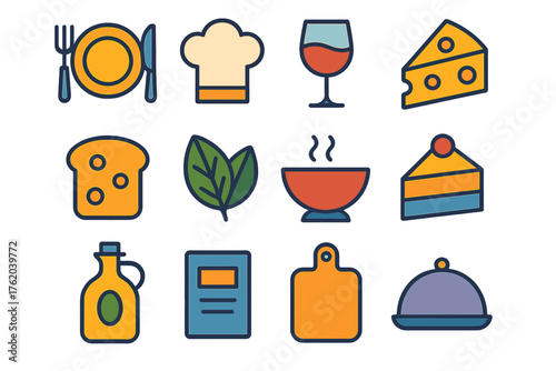 Gourmet flat icons: plate with utensils, chef hat, wine glass, cheese wedge, bread slice, herbs leaf, soup bowl, dessert, olive oil bottle, menu card, cutting board, cloche.
