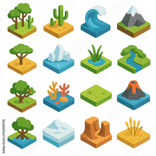 Ecosystem Icons set icons in modern isometric flat vector style: rainforest, desert, ocean wave, mountain, savanna, polar ice, wetland, river, jungle trees, coral reef, grassland,