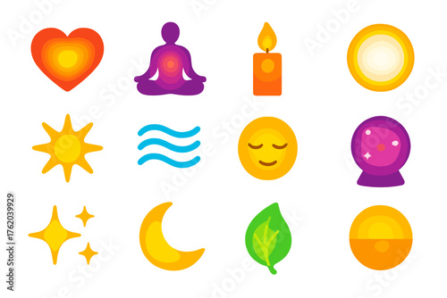 Inner Glow Symbols flat icons: heart light, meditation pose, candle, aura ring, sunshine, energy wave, calm face, crystal ball, sparkle lines, moon, glowing leaf, balance circle.