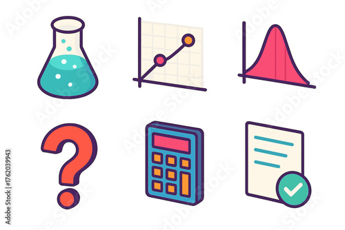 Hypothesis Testing flat isometric set: beaker, variable chart, statistical curve, question icon, calculator, test result.