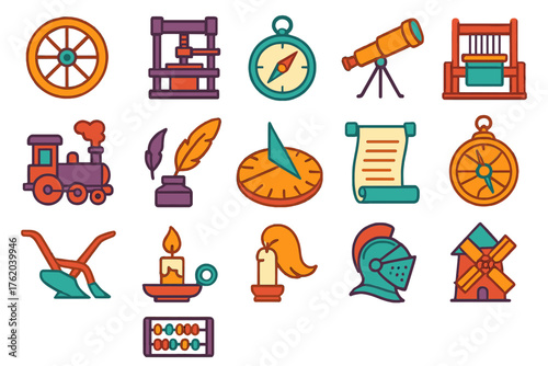 Historical Invention flat icons: wheel, printing press, compass, telescope, steam engine, quill, sundial, loom, plow, candle, paper scroll, astrolabe, windmill, abacus, armor