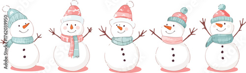Red and blue water drops decorate a Christmas tree with balls next to a snowman in a hat and scarf for a happy winter holiday celebration