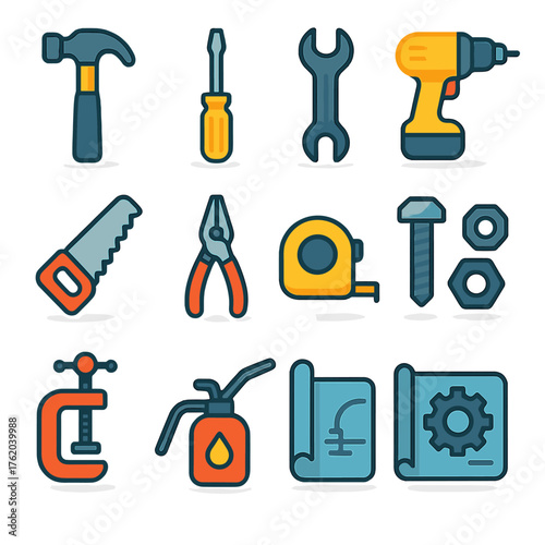 Mechanical Workshop Tools flat icons: hammer, screwdriver, wrench, drill, saw, pliers, measuring tape, bolt, nut, vice clamp, oil can, blueprint.