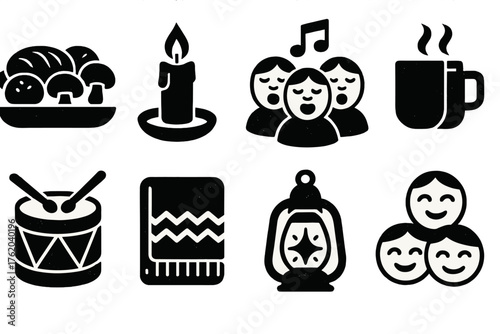 Winter Solstice Celebration — Seasonal gathering silhouette set: shared meal, candlelight, singing circle, warm drinks, drum, wool blanket, lantern glow, smiling faces.