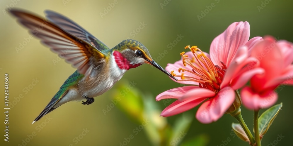 Fototapeta premium Vibrant Hummingbird in Flight Approaching Colorful Pink Flower Displaying Delicate Beauty of Nature's Pollinators