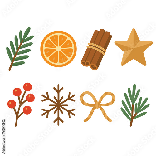 Holiday Decorations Natural Touch flat icons: evergreen branch, dried orange slice, cinnamon bundle, wooden star, berry sprig, twig snowflake, rope bow, pine sprig cluster.