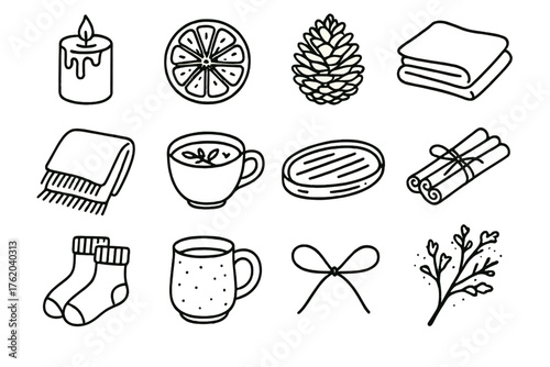 Winter Relaxation Rustic Natural outline icon set: beeswax candle, dried orange, pinecone, linen cloth, wool throw, herbal tea, wooden tray, cinnamon sticks, cozy socks, handmade