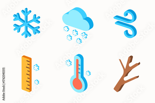 Snowfall Intensity flat isometric set: snowflake, cloud, wind swirl, ruler, thermometer, tree branch.