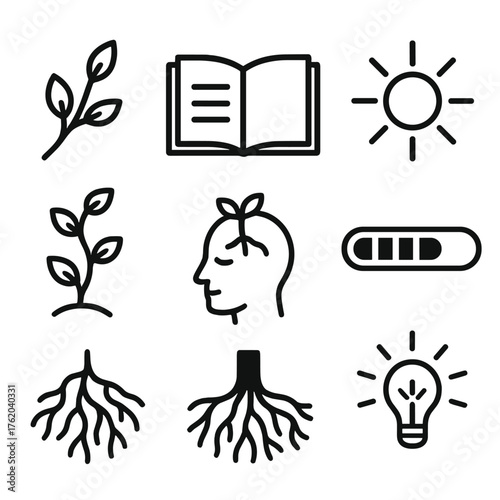 New Year Growth outline icon set: budding branch, open notebook, progress bar, glowing sun, growing vine, peaceful mind, tree roots, spark of inspiration.