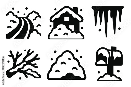 Snowstorm Aftermath silhouette set: plowed road, snow-covered house, icicles, fallen branch, snow pile, mailbox.