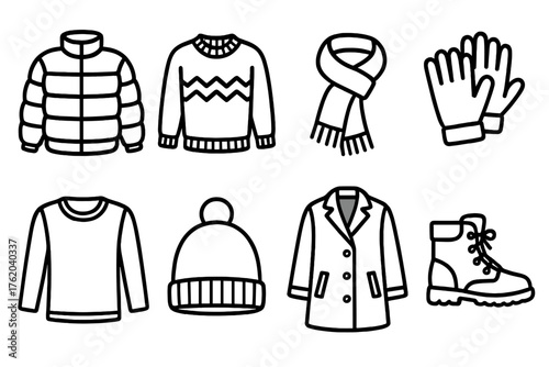 Winter Layering outline icon set: puffer jacket, wool sweater, scarf, gloves, thermal shirt, beanie, coat, snow boots.