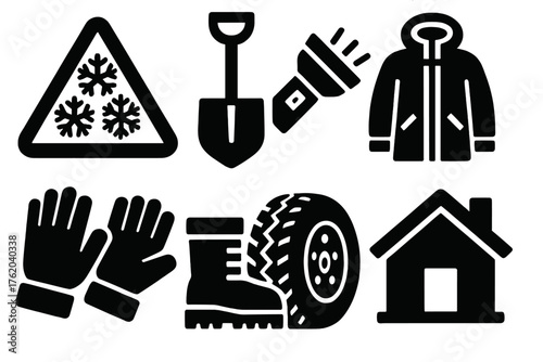Blizzard Conditions — Winter safety silhouette set: warning sign, snow shovel, flashlight, parka, gloves, snow boots, car tire, shelter house.