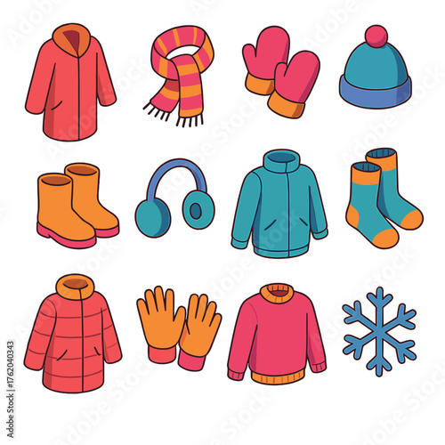 Winter Fashion flat isometric set: coat, scarf, mittens, beanie, boots, earmuffs, jacket, wool socks, puffer coat, gloves, sweater, snowflake.