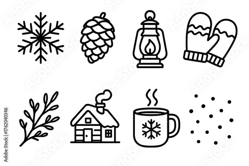 Winter Charm outline icon set: snowflake, pinecone, glowing lantern, wool mittens, frosted branch, cozy cabin, warm cocoa, falling snow.