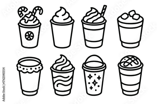 Holiday Beverages Sweet Sips outline icon set: peppermint mocha, whipped cream top, chocolate drizzle, festive straw, marshmallows, cookie rim, caramel swirl, glitter sprinkles.