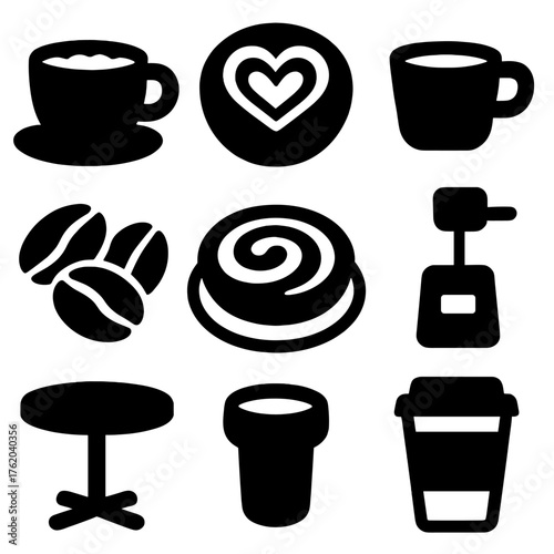 Holiday Beverages Winter Café silhouette set: cappuccino cup, latte art heart, espresso shot, coffee beans, pastry plate, milk frother, café table, to-go cup.