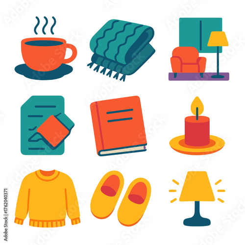 Comfort Rituals flat icons: tea cup, knitted blanket, journal, candle flame, calm room, wool sweater, slippers, soothing light.