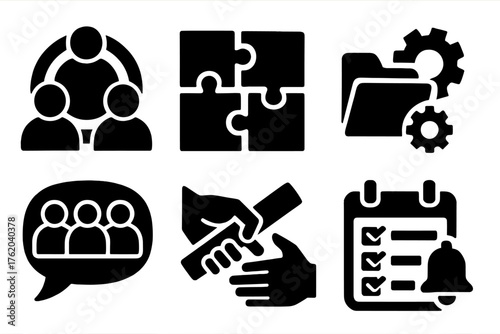 Team delegation silhouette set: teamwork circle, puzzle pieces, shared folder, gears working together, group chat bubble, hand passing baton, task list, calendar reminder.