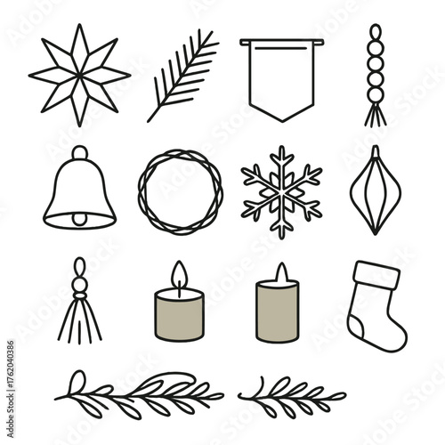 Festive Wall Decor – Nordic Minimal outline icon set: paper star lantern, simple pine branch, linen banner, wooden beads string, ceramic bell, neutral wreath, snowflake cutout,