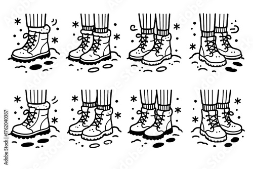 Snow Boots outline icon set: sturdy boots, rubber soles, wool interior, snow-covered ground, footprints, frosty air, warm leggings, boot laces.