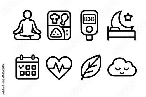 Holistic Wellness outline icon set: meditation pose, meal prep box, step counter, bedtime icon, daily planner, heart monitor, eco leaf, calm cloud.