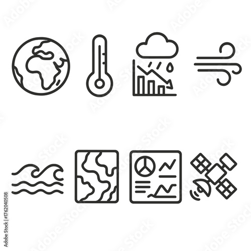 Global Metrics outline icon set: earth globe, temperature gauge, rainfall chart, wind symbol, satellite, ocean wave, climate map, data dashboard.