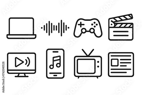 Online Media outline icon set: laptop screen, audio wave, joystick, film clapper, streaming app, music player, TV icon, content feed.