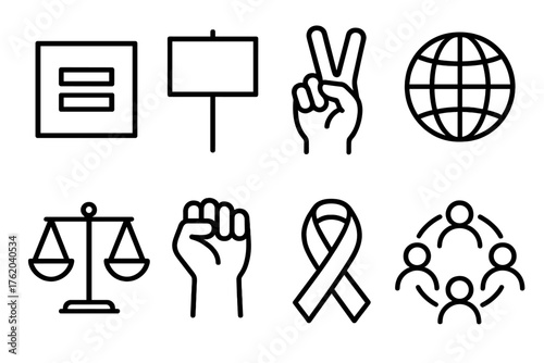 Social Justice outline icon set: equality sign, protest sign, peace hand, globe icon, scales of justice, raised fist, awareness ribbon, diversity circle.