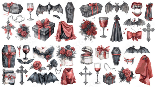 Watercolor gothic Halloween collection with bats, coffins, roses, candles, and crosses in black and red tones. Ideal for spooky party decor or dark fantasy design.