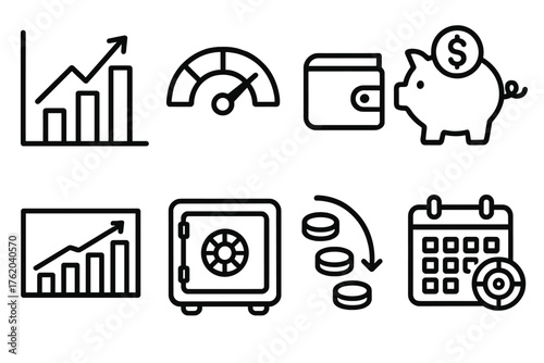 Savings Management outline icon set: finance chart, goal progress meter, wallet icon, piggy bank with dollar, monthly savings chart, safe deposit, coin flow arrow, calendar goal.