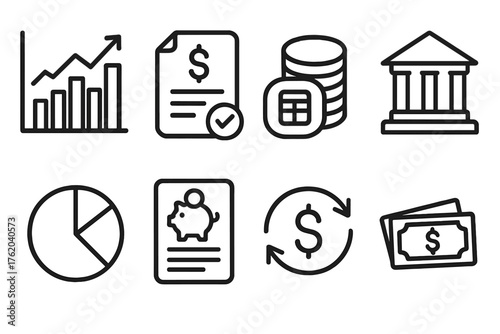 Financial Planning outline icon set: income chart, financial document, coin stack, calculator, bank building, pie chart, savings plan, cash flow arrows.