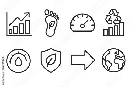 Eco Metrics outline icon set: sustainability chart, carbon footprint icon, energy gauge, recycling rate graph, water usage meter, eco badge, efficiency arrow, planet icon.