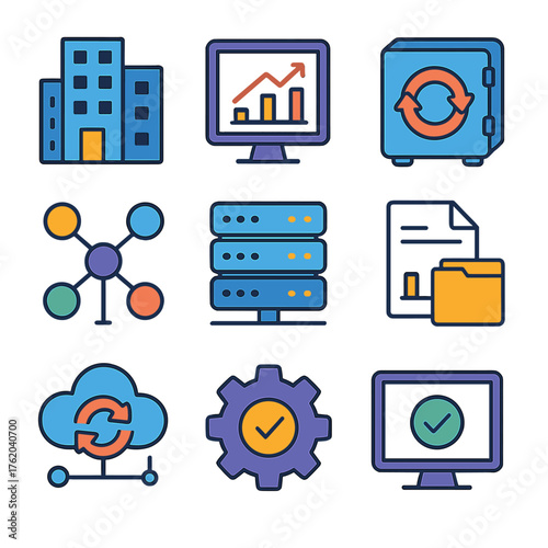Enterprise Data Redundancy flat icons: office building, dashboard chart, data backup icon, secure vault, connection hub, server system, report file, archive folder, cloud sync,