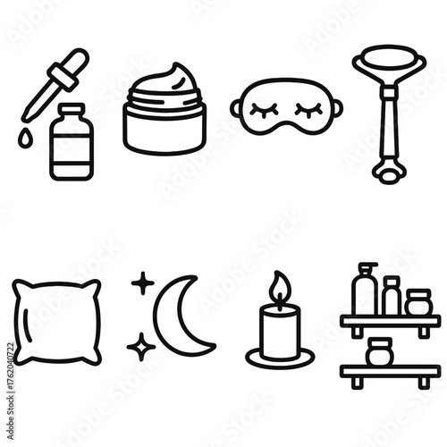 Night Routine outline icon set: serum dropper, night cream, sleeping mask, face roller, pillow icon, moon symbol, candle, skincare shelf.