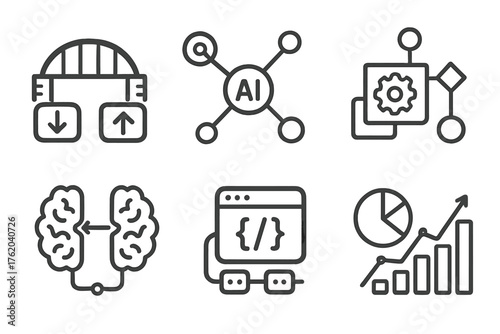 AI Integration set of icons in doodle hand-drawn vector style: data bridge, connected networks, AI processor, automation workflow, software API icon, neural sync, digital
