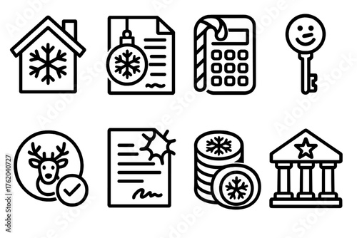 Festive Property Financing outline icon set: snowflake house, ornament loan document, candy cane calculator, frosty key, reindeer approval stamp, glowing contract, holiday coin