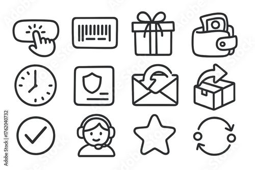 Simplified Holiday Returns set of icons in doodle hand-drawn vector style: one-click return button, tracking number, gift icon, refund wallet, clock timer, policy card, return