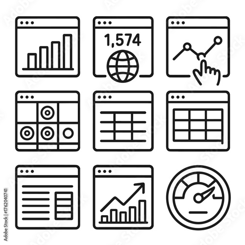 Website Analytics outline icon set: bar chart, session counter, click icon, visitor graph, heatmap, trend arrow, data table, performance gauge.