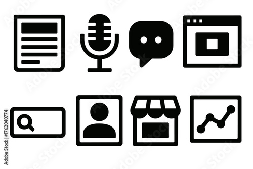 Digital Outreach silhouette set: newsletter, podcast mic, chat bubble, web ad, search bar, influencer icon, online store, data graph.