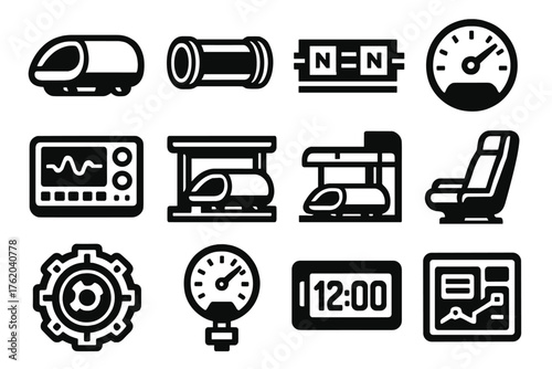 Hyperloop Transport silhouette set: capsule pod, vacuum tube, magnetic rail, speed indicator, control panel, station hub, passenger seat, power core, pressure gauge, digital