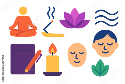 Mindfulness Routine flat icons: meditation pose, incense stick, lotus flower, breathing waves, journal, candle flame, calm face, nature leaf.