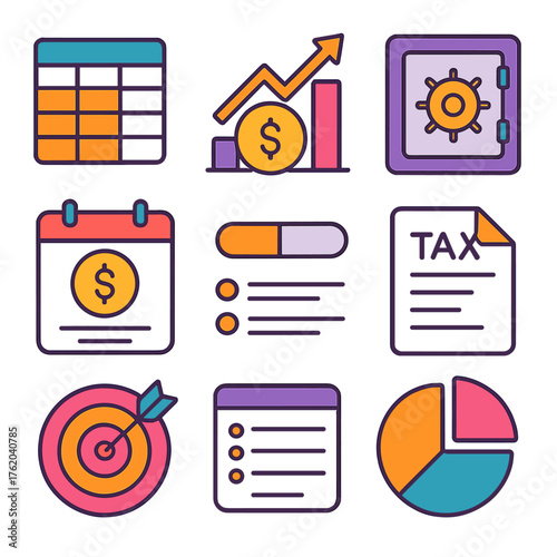 Financial Planning flat icons: spreadsheet icon, money growth graph, calendar budget, tax file, safe box, goal progress bar, expense list, finance summary.