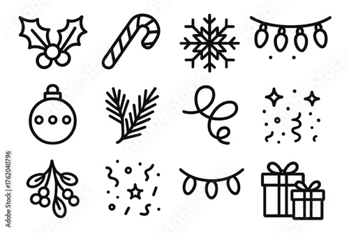 Festive UI Patterns outline icon set: holly leaves, candy cane stripes, snowflake grid, twinkling lights, ornament dots, pine branches, ribbon swirls, star scatter, mistletoe
